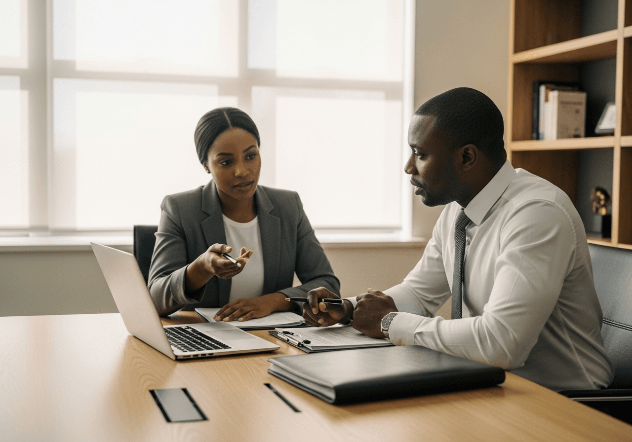 Two legal professionals collaborating over a laptop