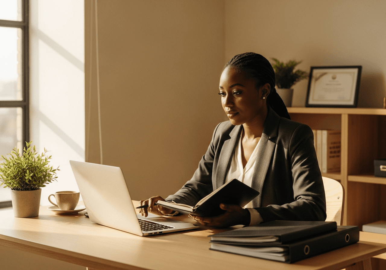 A Nigerian in-house legal counsel working at her desk on Taro
