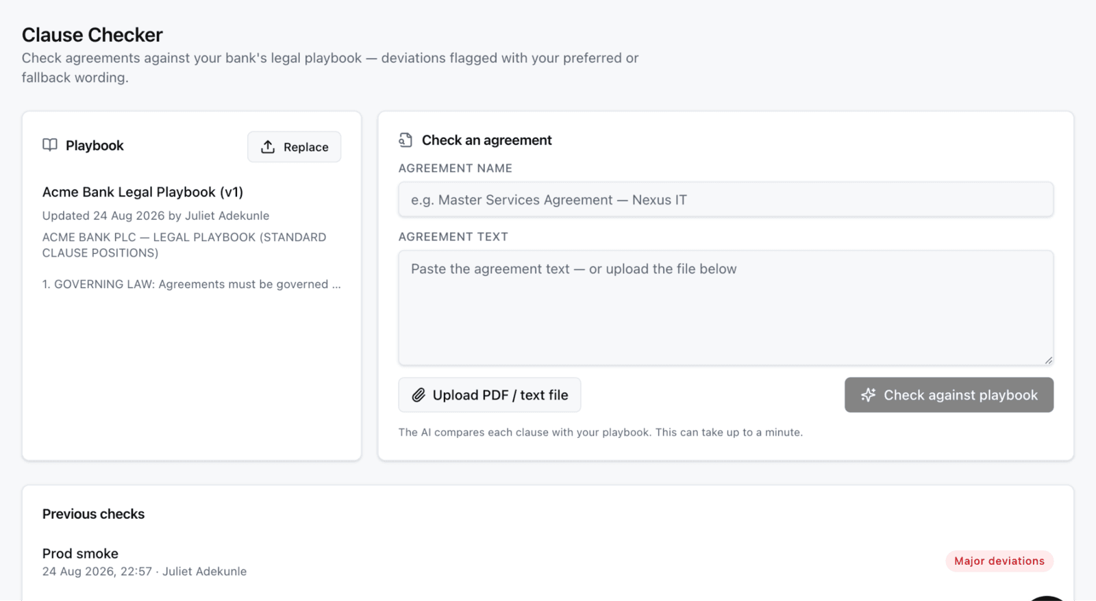 Clause Checker: the active playbook, an agreement check form, and previous checks