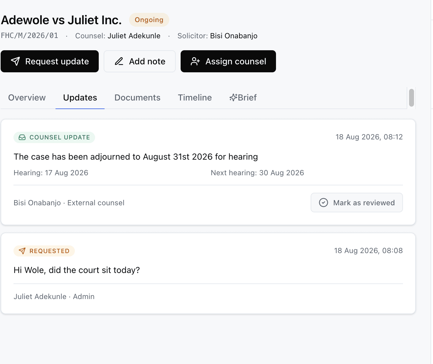 A matter’s Updates tab with an external counsel update