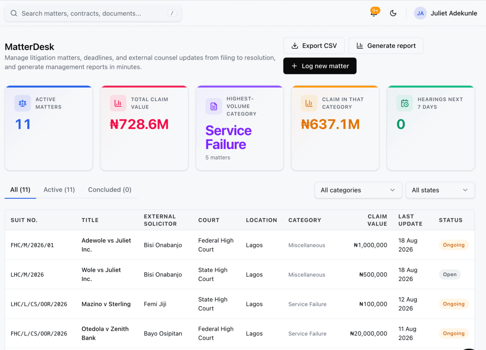 MatterDesk with active matters, claim totals, and the litigation register